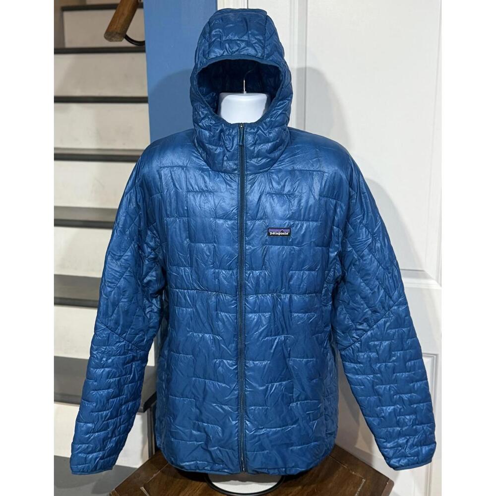Mens Size 2XL (XXL) Patagonia Micro Puff Hooded Balkan Blue Full Zip Jacket Coat